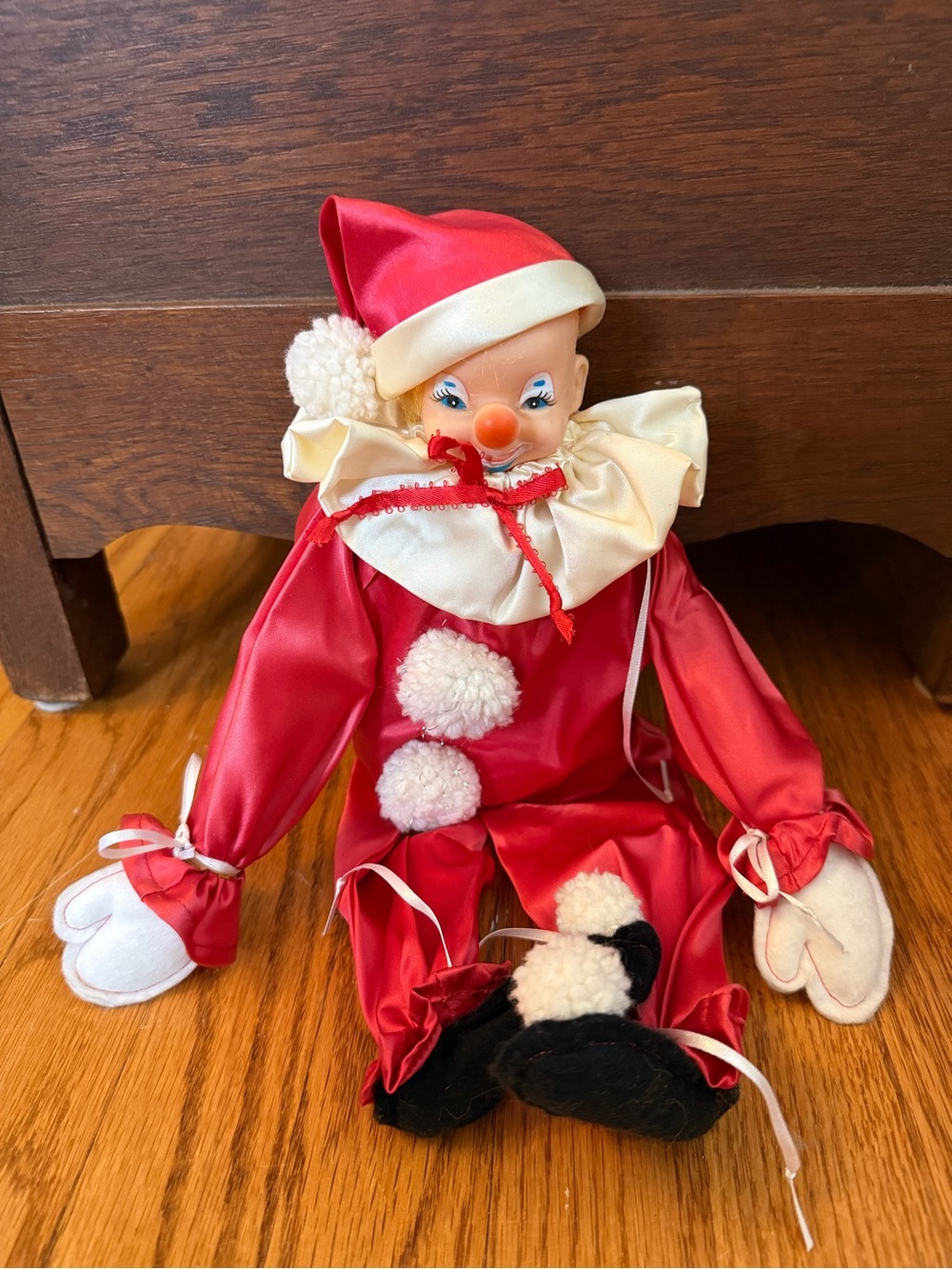 Vintage 50s/60s Red and Cream Clown/Jester Doll with Pom-Poms